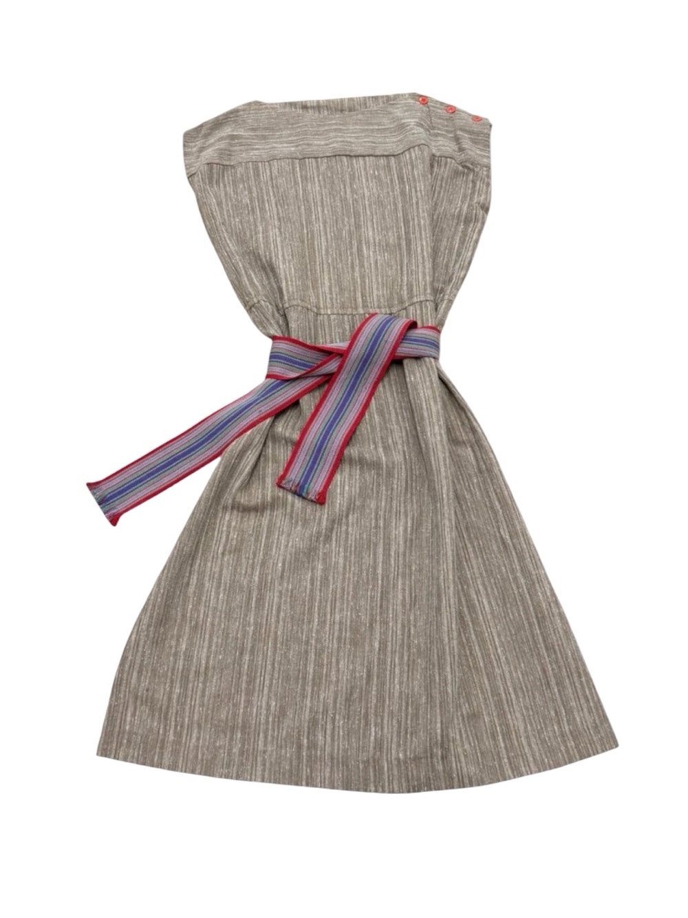 Vintage Women’s Sleeveless Beige Self-Tie Dress Textured Cotton Minimalist